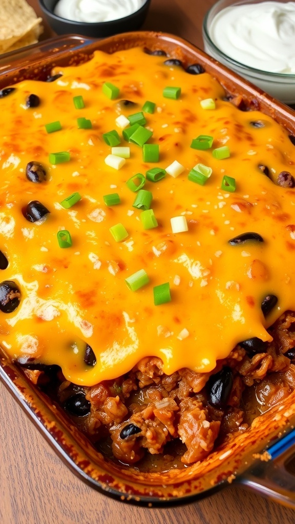 A hearty John Wayne casserole with layers of beef, beans, and cheese, garnished with green onions.